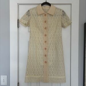Vintage Cream Lace Button-Front Mini Dress Homemade 70s